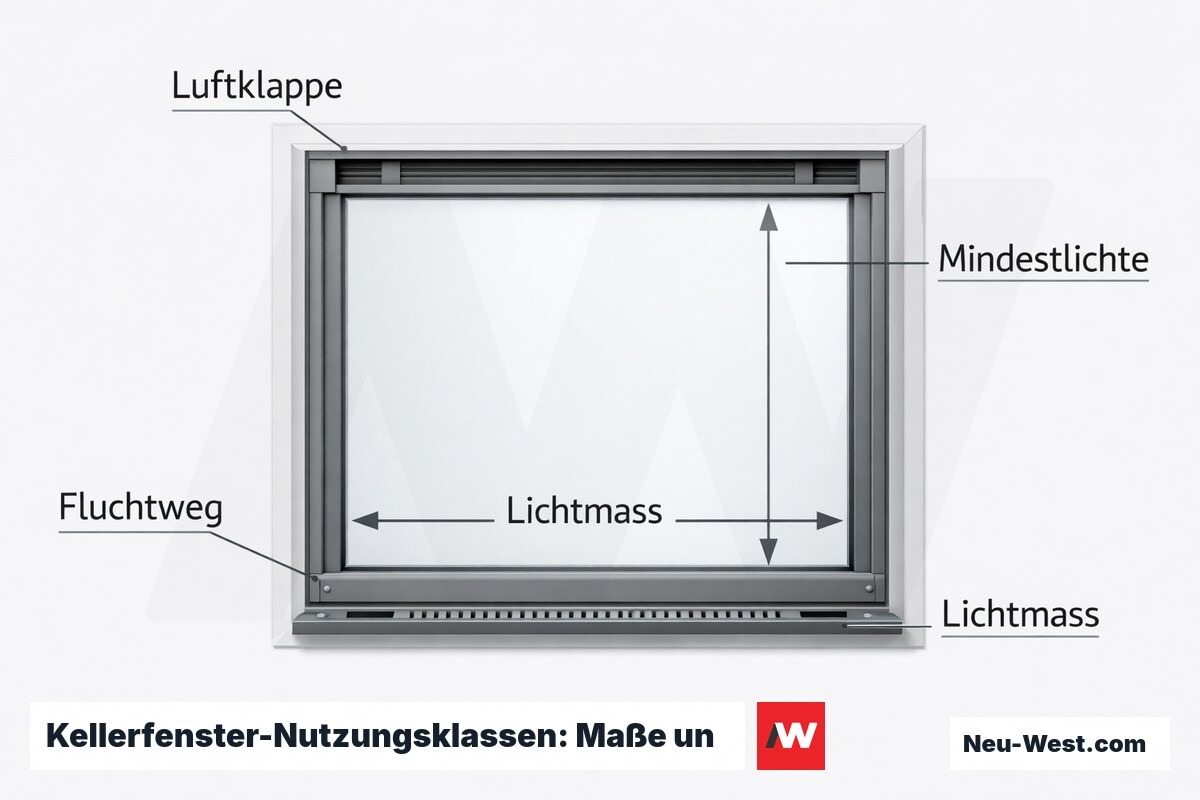 Kellerfenster-Nutzungsklassen: Maße und Normreferenzen – Erklär-Grafik (NEUWEST Berlin)