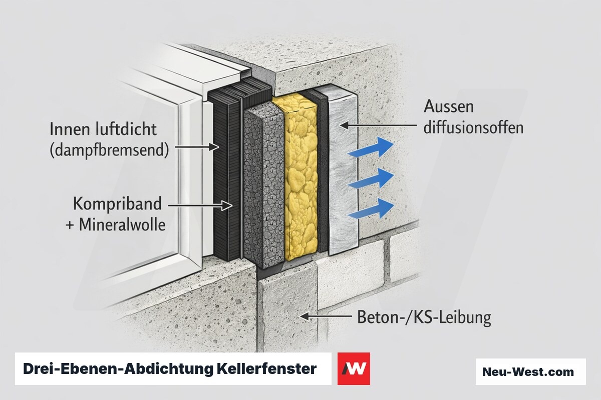 Querschnitt durch die Anschlussfuge eines Kellerfensters mit innerer Dampfbremse, Kompriband-Dämmkern und außen diffusionsoffener Ebene an der Betonleibung.