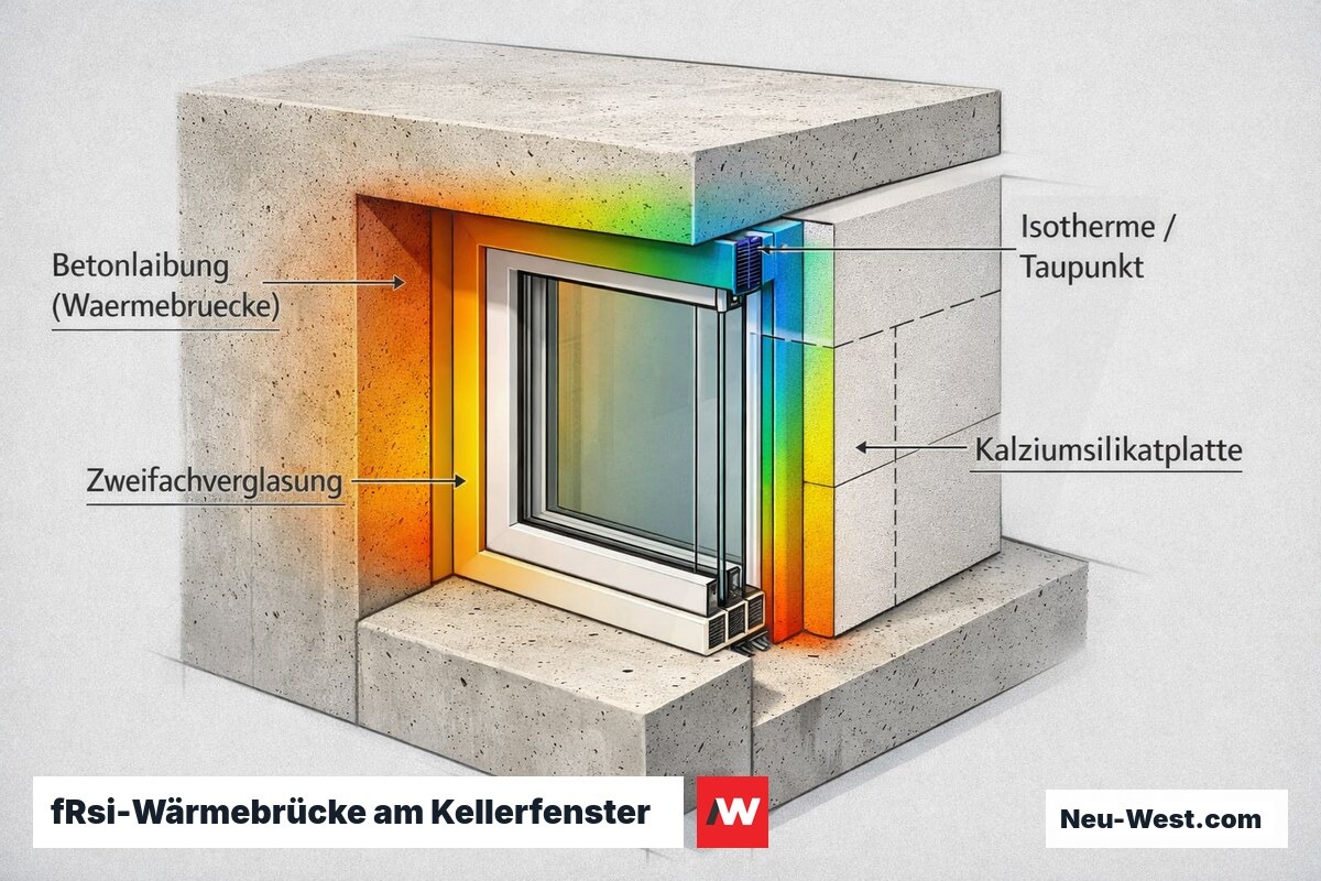 Querschnitt Kellerfenster in Betonlaibung mit Isothermen-Wärmebrückensimulation und Kalziumsilikatplatten-Dämmung zur fRsi-Verbesserung