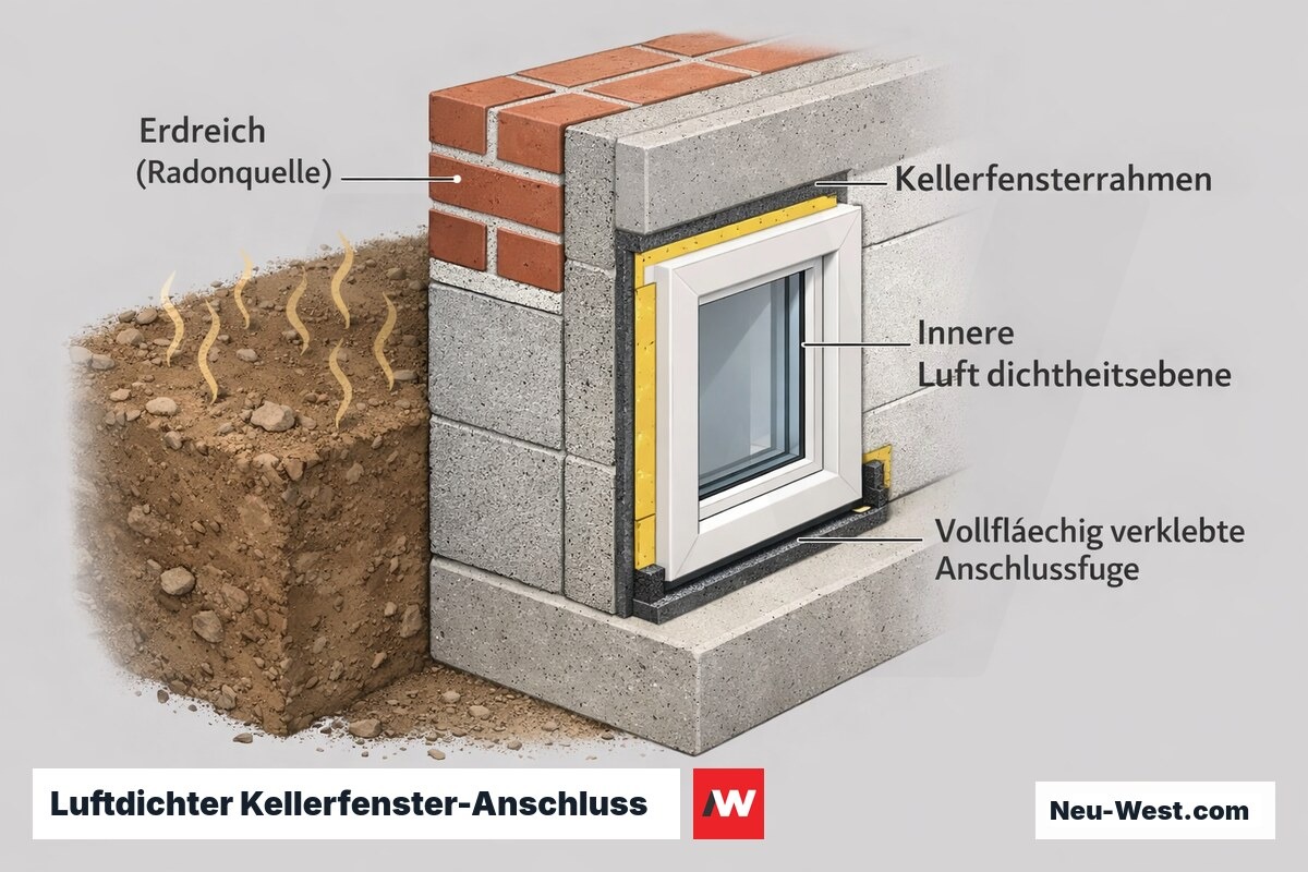Querschnitt eines luftdicht eingebauten Kellerfensters mit innerer Luftdichtheitsebene und verklebter Anschlussfuge gegen Radonzutritt aus dem Erdreich.
