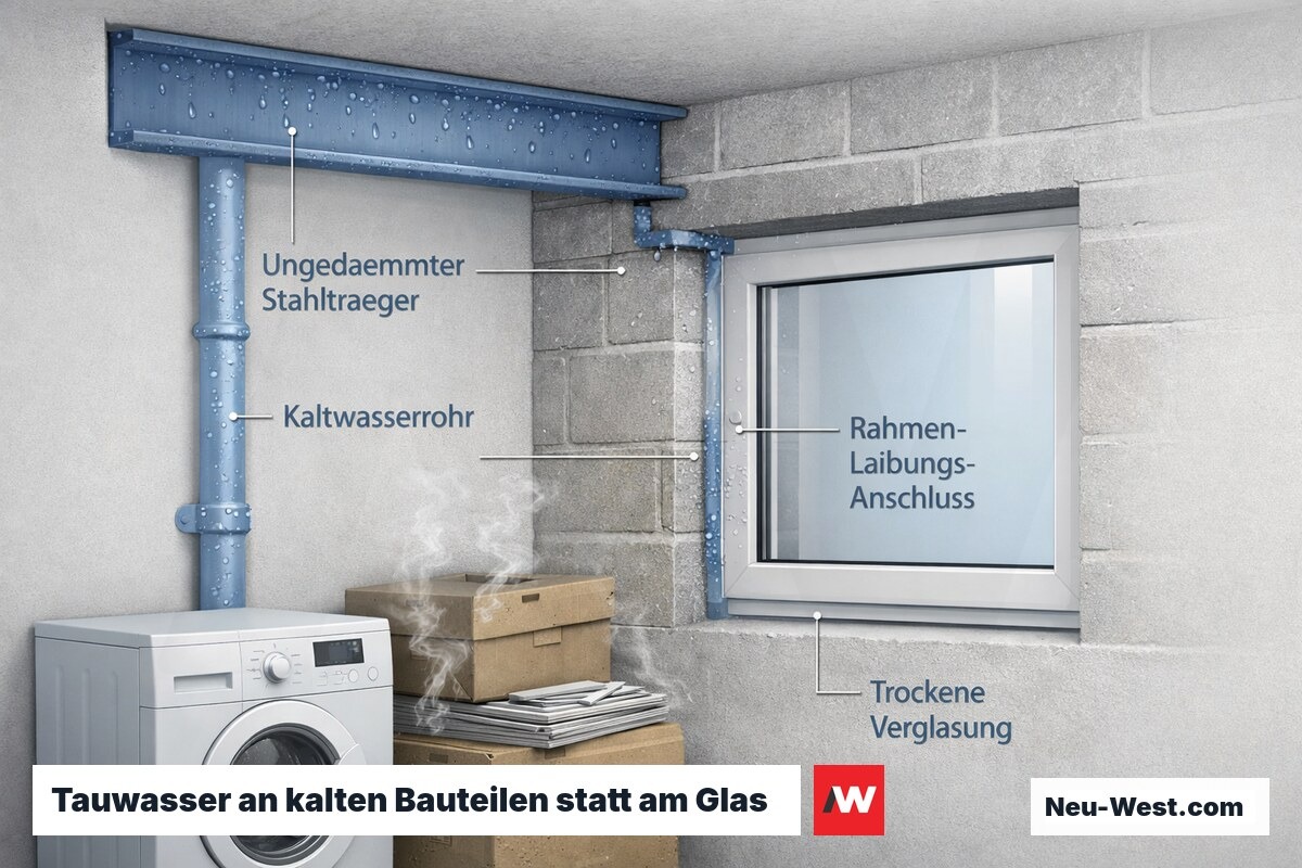 Kellerquerschnitt: Tauwasser bildet sich an ungedämmtem Stahlträger, Kaltwasserrohr und Laibungsanschluss, während die neue Dreifachverglasung trocken bleibt.