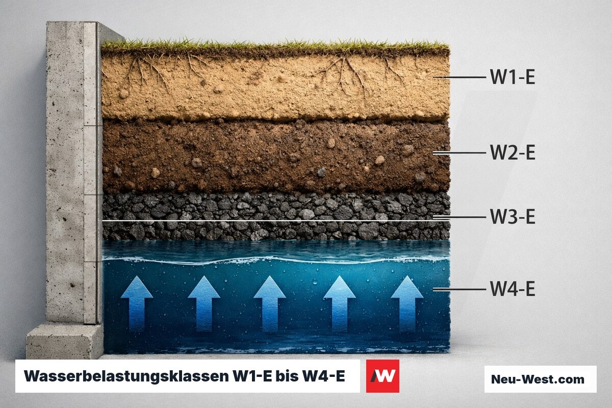 Wasserbelastungsklassen W1-E bis W4-E nach DIN 18533 – Erklär-Grafik (NEUWEST Berlin)