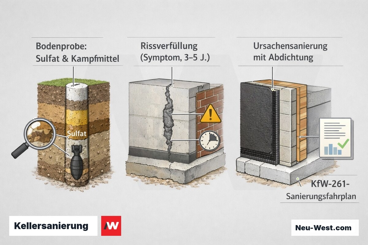 Erklär-Querschnitt dreier Kellersanierungs-Kostenfallen: fehlende Bodenanalyse mit Sulfat und Kampfmittel, kurzlebige Rissverfüllung, Ursachensanierung mit KfW-Förderung.