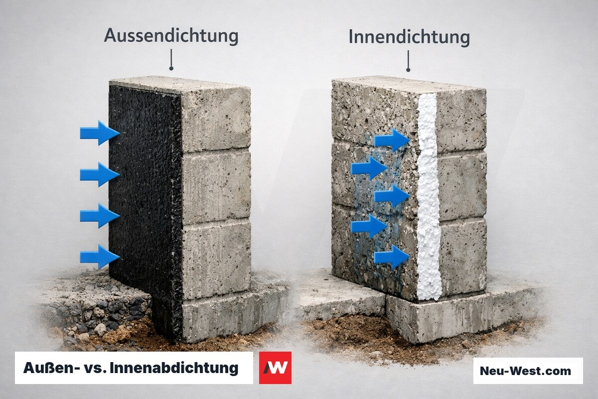 Außen- vs. Innenabdichtung: Wirkprinzip im Vergleich – Erklär-Grafik (NEUWEST Berlin)
