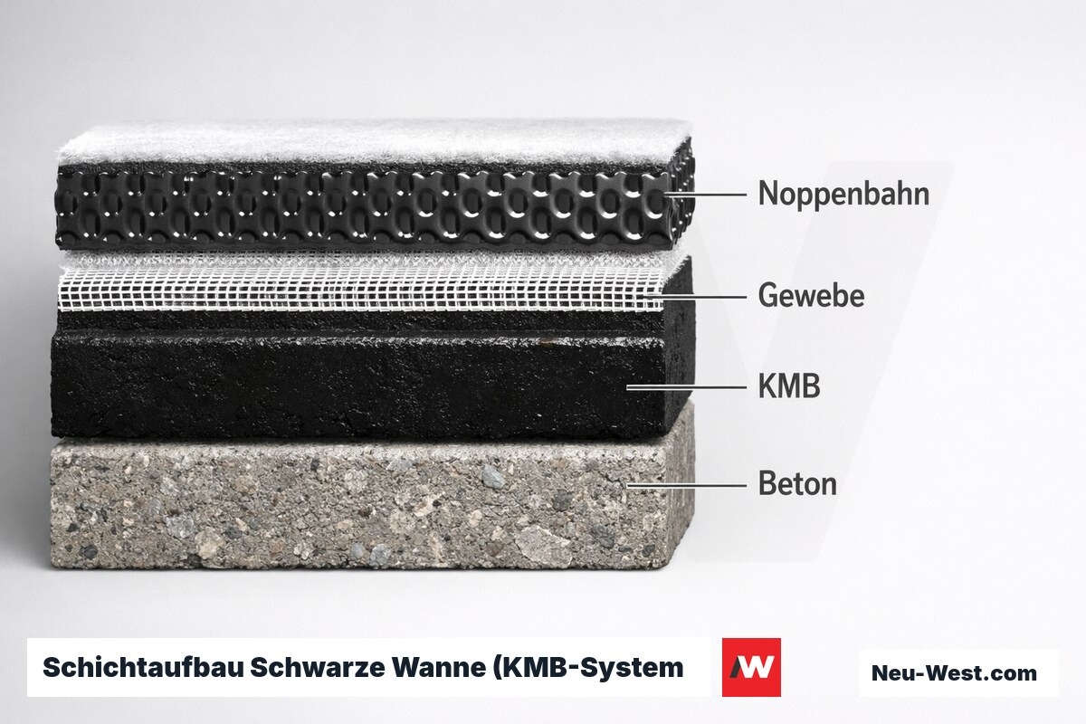 Schichtaufbau Schwarze Wanne (KMB-System nach DIN 18533) – Erklär-Grafik (NEUWEST Berlin)