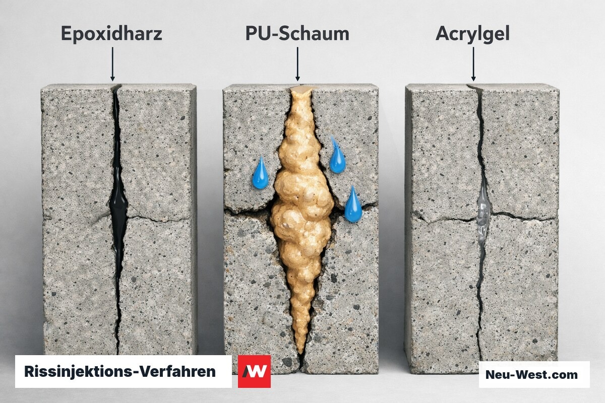Rissinjektions-Verfahren: Auswahl nach Risstyp und Wasseraktivität – Erklär-Grafik (NEUWEST Berlin)