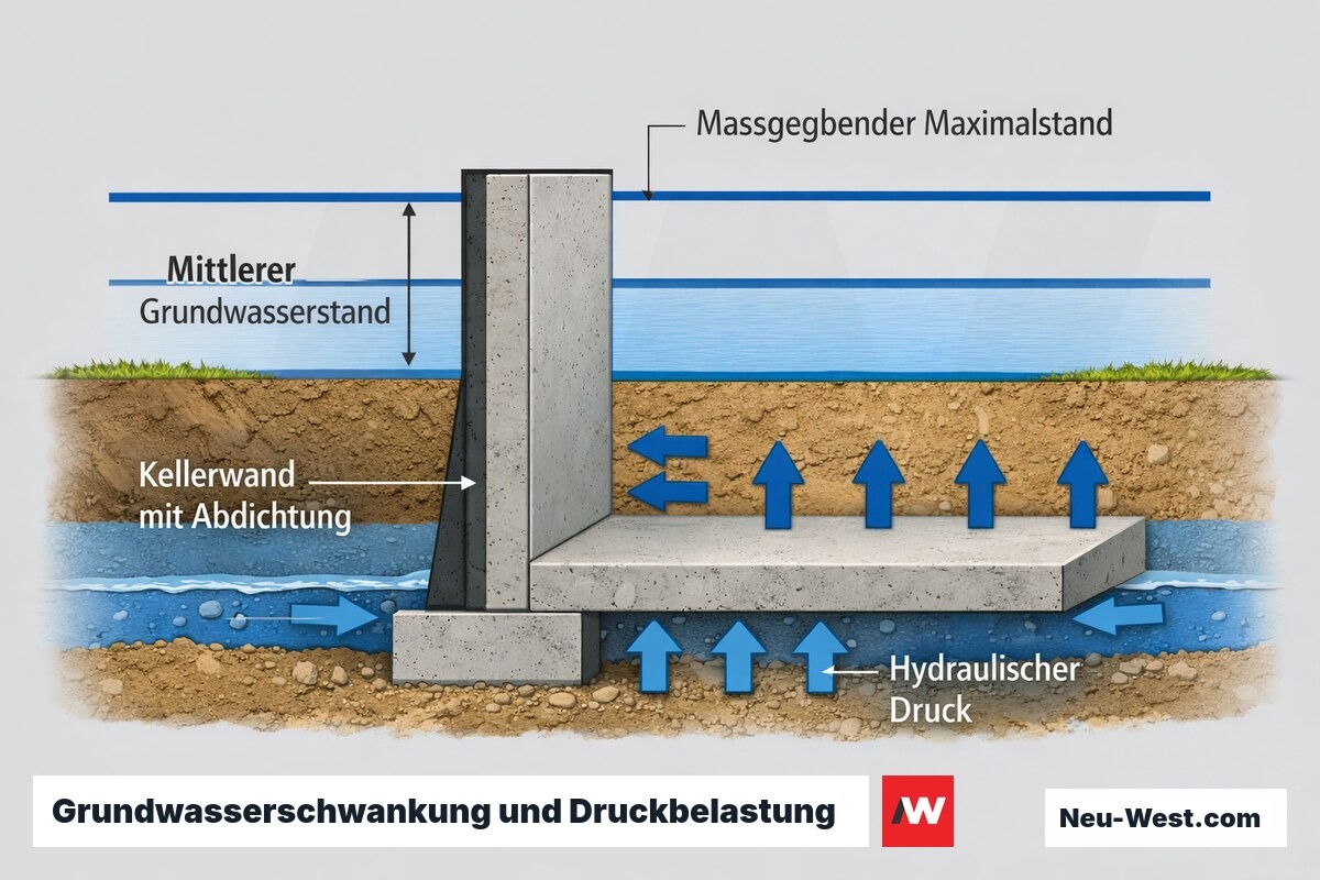 Querschnitt einer Kellerwand mit mittlerem und maximalem Grundwasserstand sowie hydraulischem Druck auf die Abdichtung nach DIN 18533.