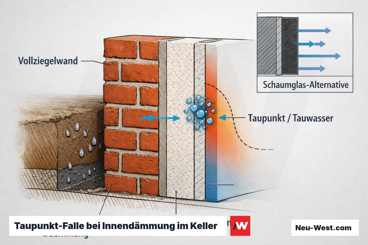 Querschnitt einer Kellerwand mit Innendämmung: Wasserdampf diffundiert zur kälteren Vollziegelwand, am Übergang bildet sich Tauwasser am Taupunkt.