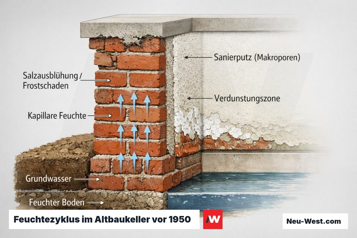 Querschnitt eines Altbaukeller-Mauerwerks vor 1950 mit kapillarer Feuchte, Sanierputz, offener Verdunstungszone sowie Salzausblühung und Frostschaden im Sockel.