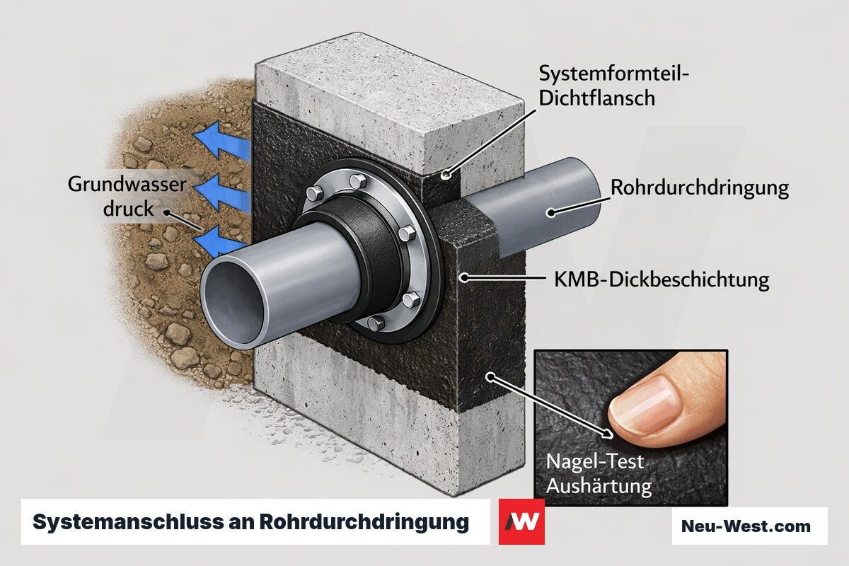 Querschnitt einer Kelleraußenwand mit Rohrdurchdringung, Systemdichtflansch, überlappender KMB-Dickbeschichtung und Nagel-Test zur Aushärtungskontrolle.