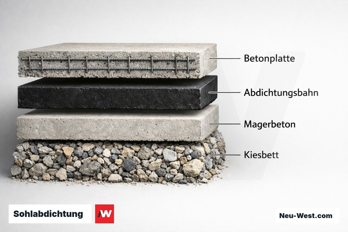 Sohlabdichtung: Schichtaufbau unter der Kellersohle – Erklär-Grafik (NEUWEST Berlin)