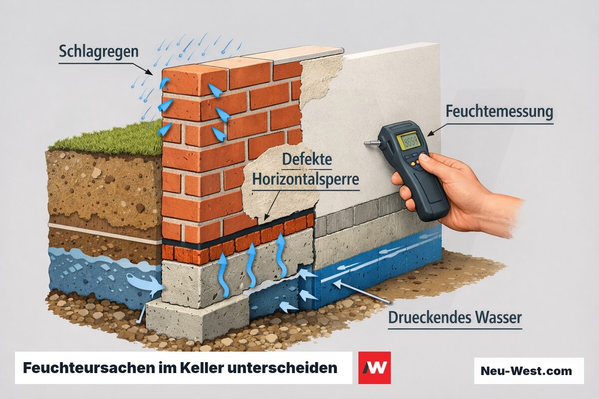 Querschnitt Kellerwand: Schlagregen, kapillar aufsteigende Feuchte durch defekte Horizontalsperre und drückendes Wasser im Vergleich, mit Feuchtemessung an der Innenwand.