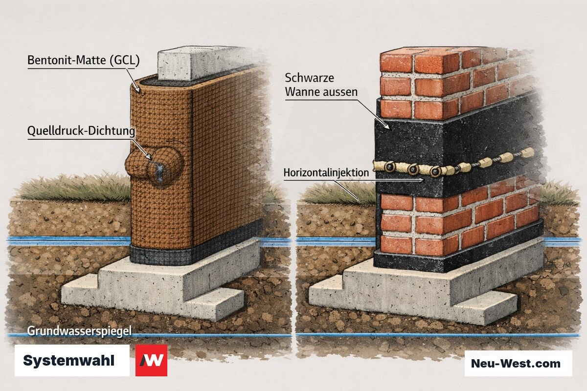 Vergleichs-Querschnitt zweier Kellerwände: braune Wanne mit selbstheilender Bentonit-Matte gegen schwarze Wanne mit Horizontalinjektion in Berliner Ziegelmauerwerk.