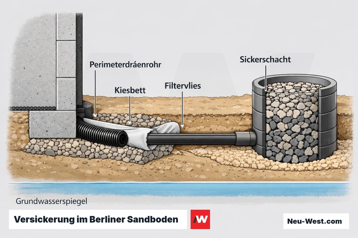 Querschnitt: Perimeterdränrohr im Kiesbett mit Filtervlies leitet Wasser zum Sickerschacht im durchlässigen Berliner Sandboden.
