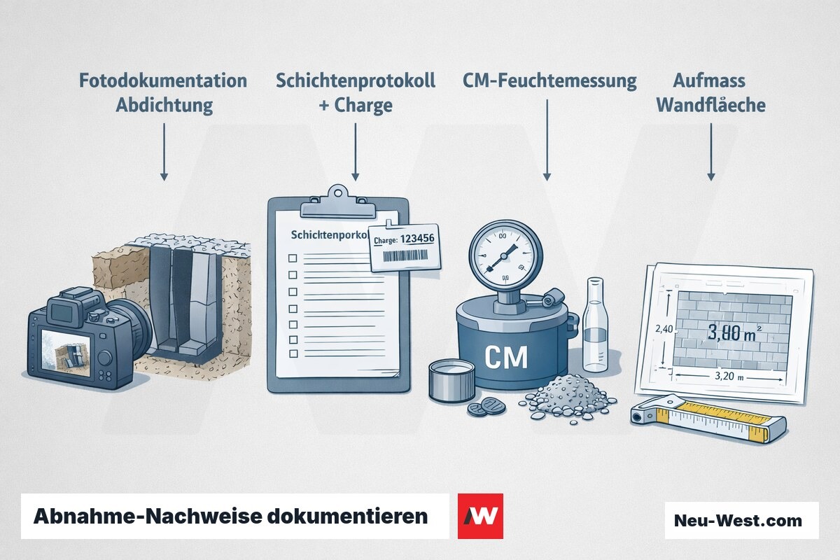 Erklär-Grafik der vier Abnahme-Nachweise: Fotoprotokoll der Abdichtung, Schichtenprotokoll mit Materialcharge, CM-Feuchtemessung und Aufmaß der Wandfläche.