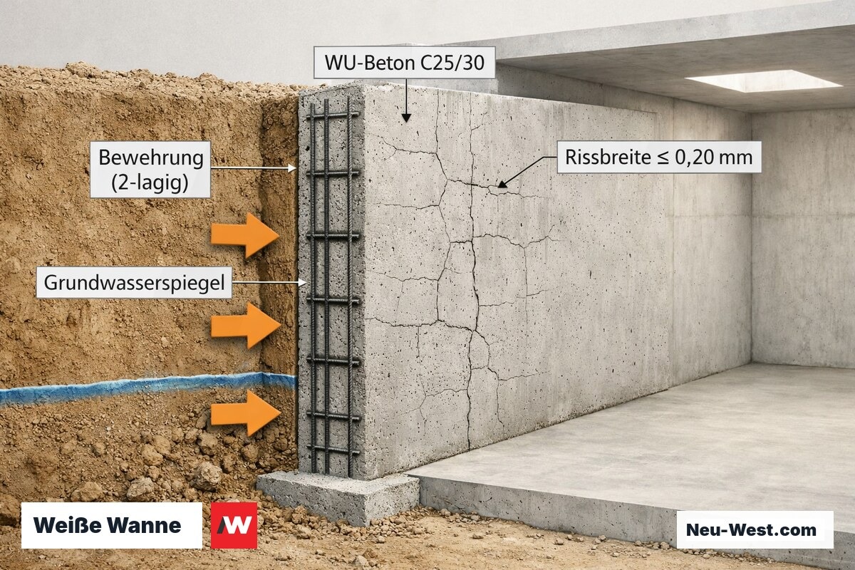 Querschnitt einer Weißen Wanne: WU-Betonwand mit doppellagiger Bewehrung, kein separates Dichtungssystem, Grundwasser auf der Erdseite