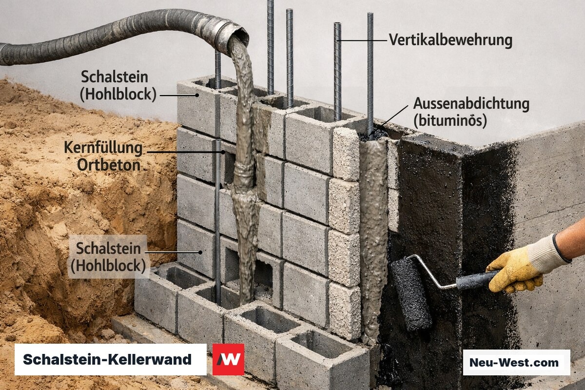 Schalstein-Kellerwand im Schnitt: Hohlblocksteine als verlorene Schalung, Betonkernfüllung, Außenabdichtung mit Bitumenbahn