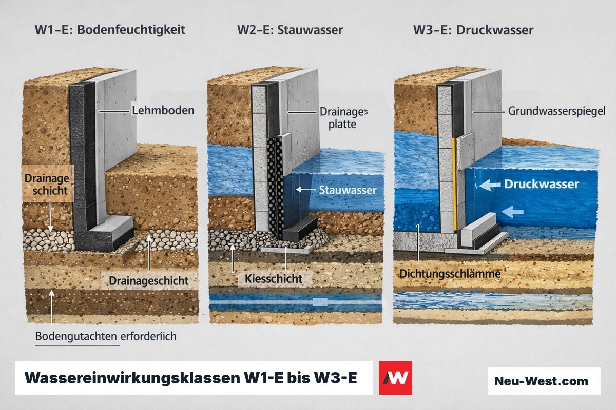 Drei Wassereinwirkungsklassen nach DIN 18533 im Vergleich: Bodenfeuchtigkeit, Stauwasser und Druckwasser mit steigendem Grundwasserspiegel