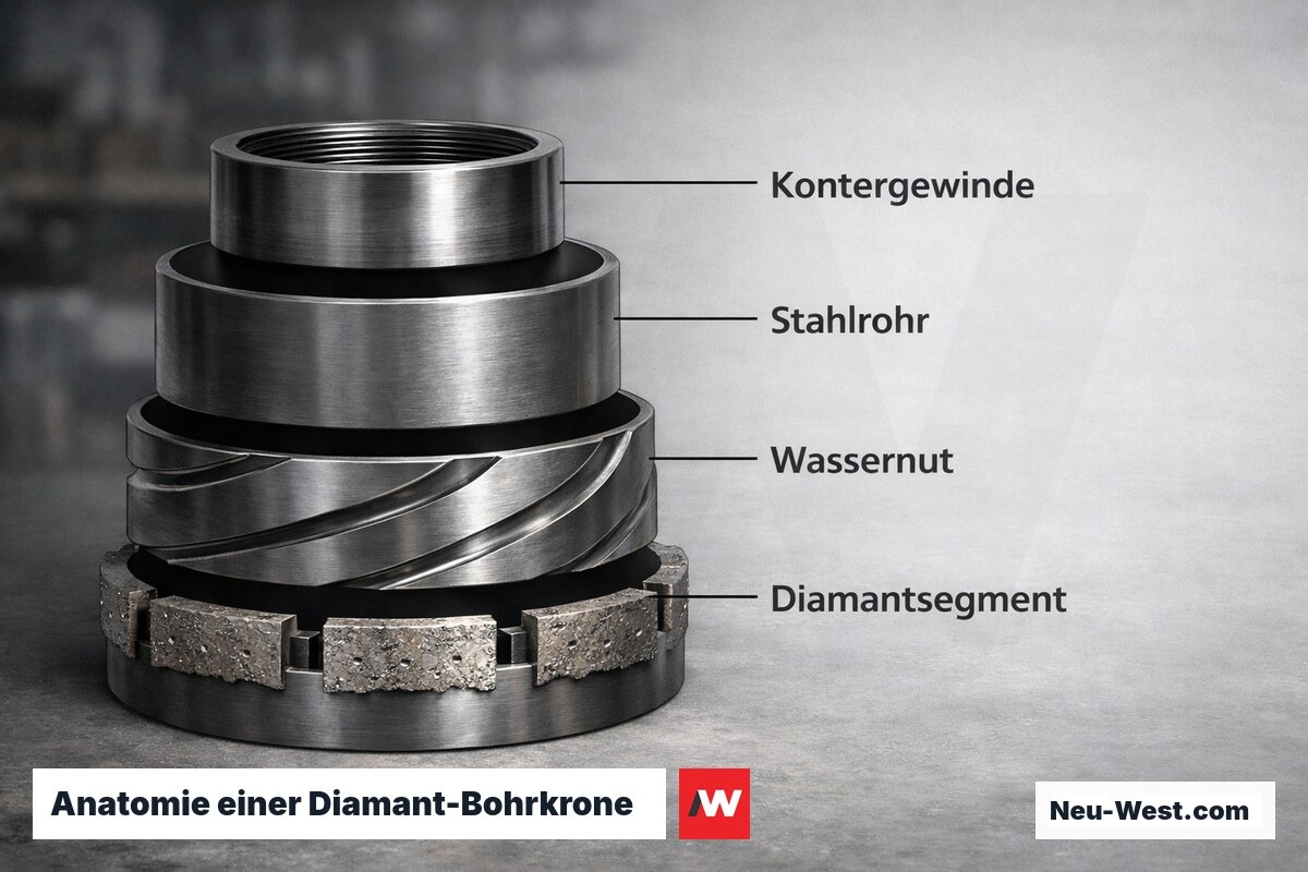 Anatomie einer Diamant-Bohrkrone – Erklär-Grafik (NEUWEST Berlin)