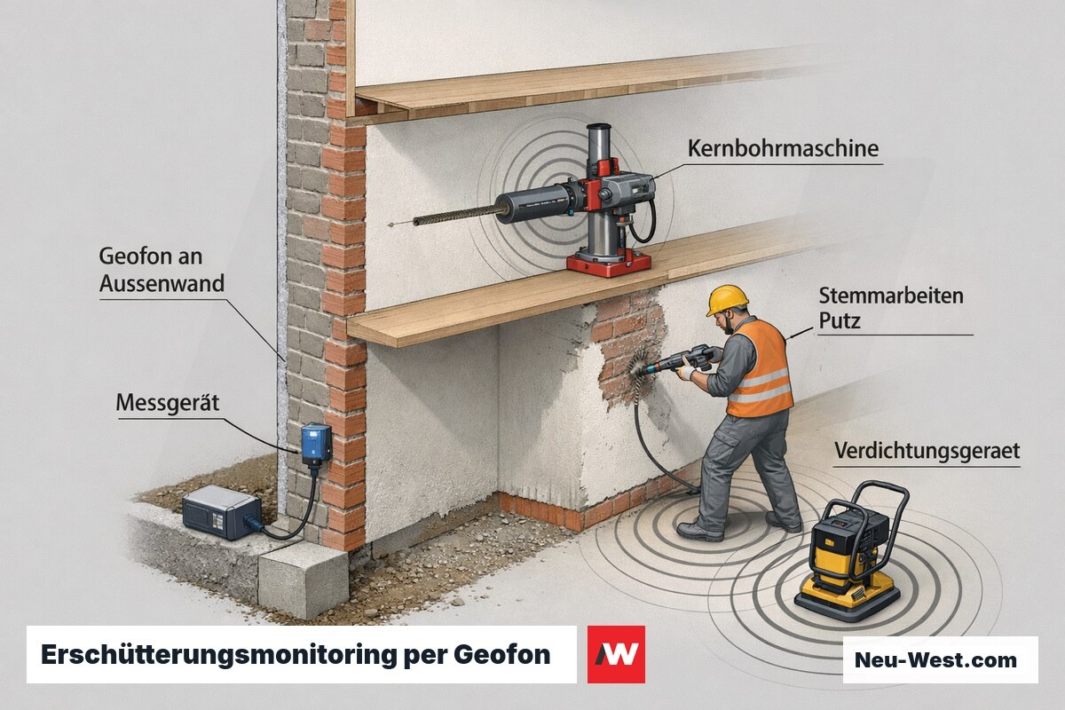 Querschnitt einer Gebäudeaußenwand mit Geofon-Messsensor und den Erschütterungsquellen Kernbohrung, Stemmarbeiten und Verdichtungsgerät nach DIN 4150-3.