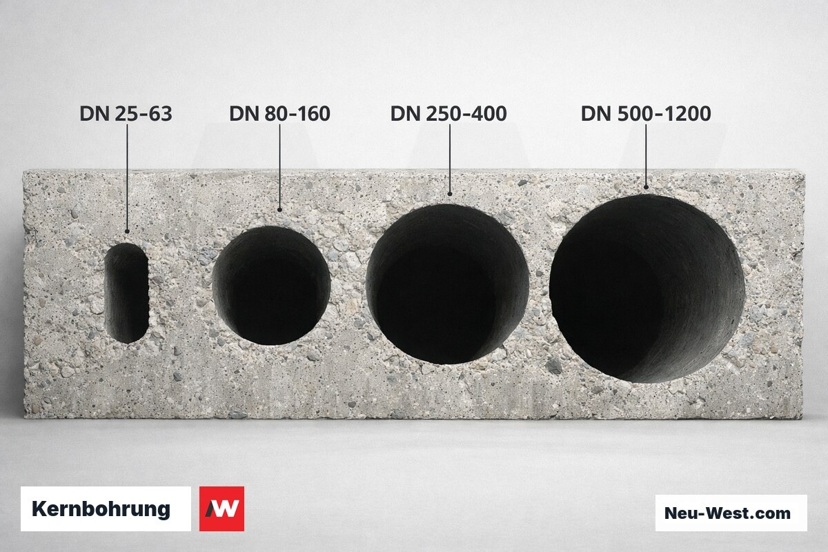 Kernbohrung: Durchmesserklassen DN 25 bis DN 1200 – Erklär-Grafik (NEUWEST Berlin)