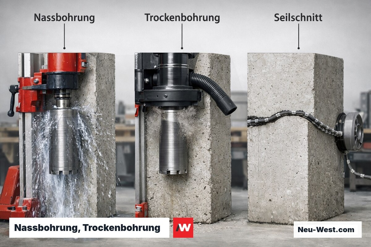 Nassbohrung, Trockenbohrung und Seilsägeverfahren im Vergleich – Erklär-Grafik (NEUWEST Berlin)