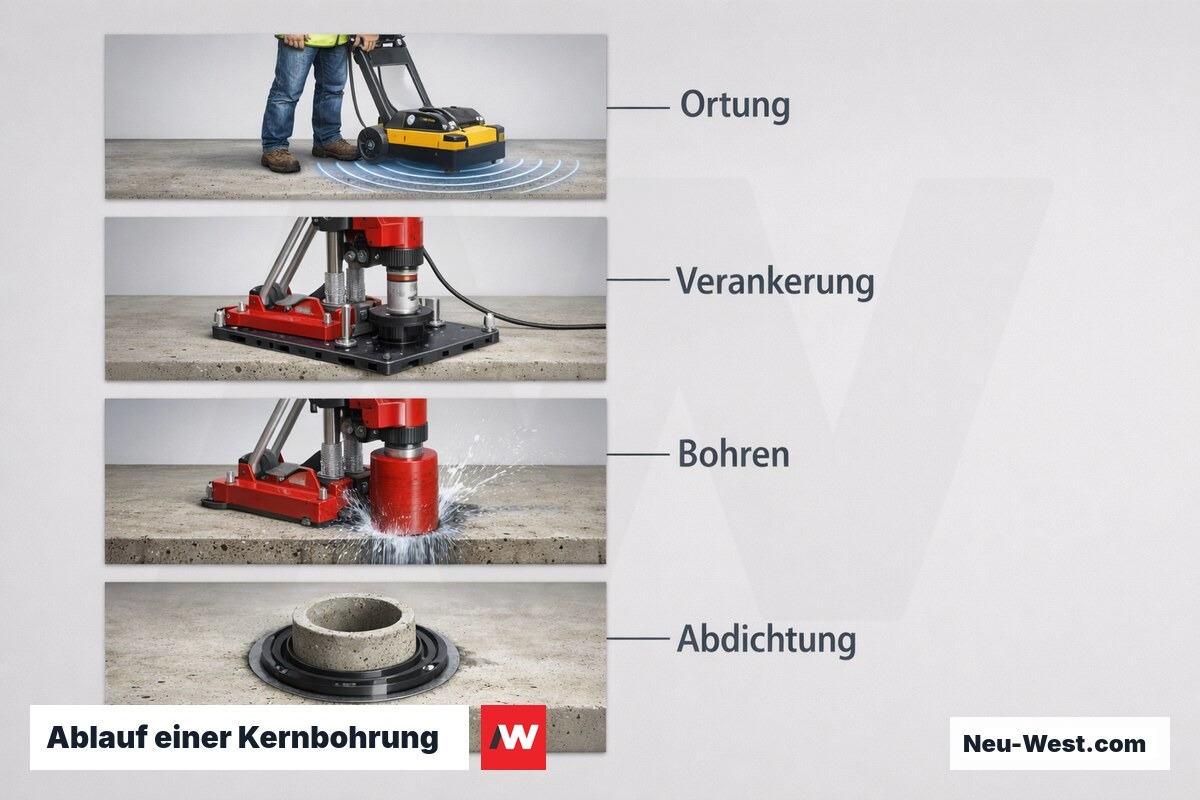 Ablauf einer Kernbohrung: Schritt für Schritt – Erklär-Grafik (NEUWEST Berlin)