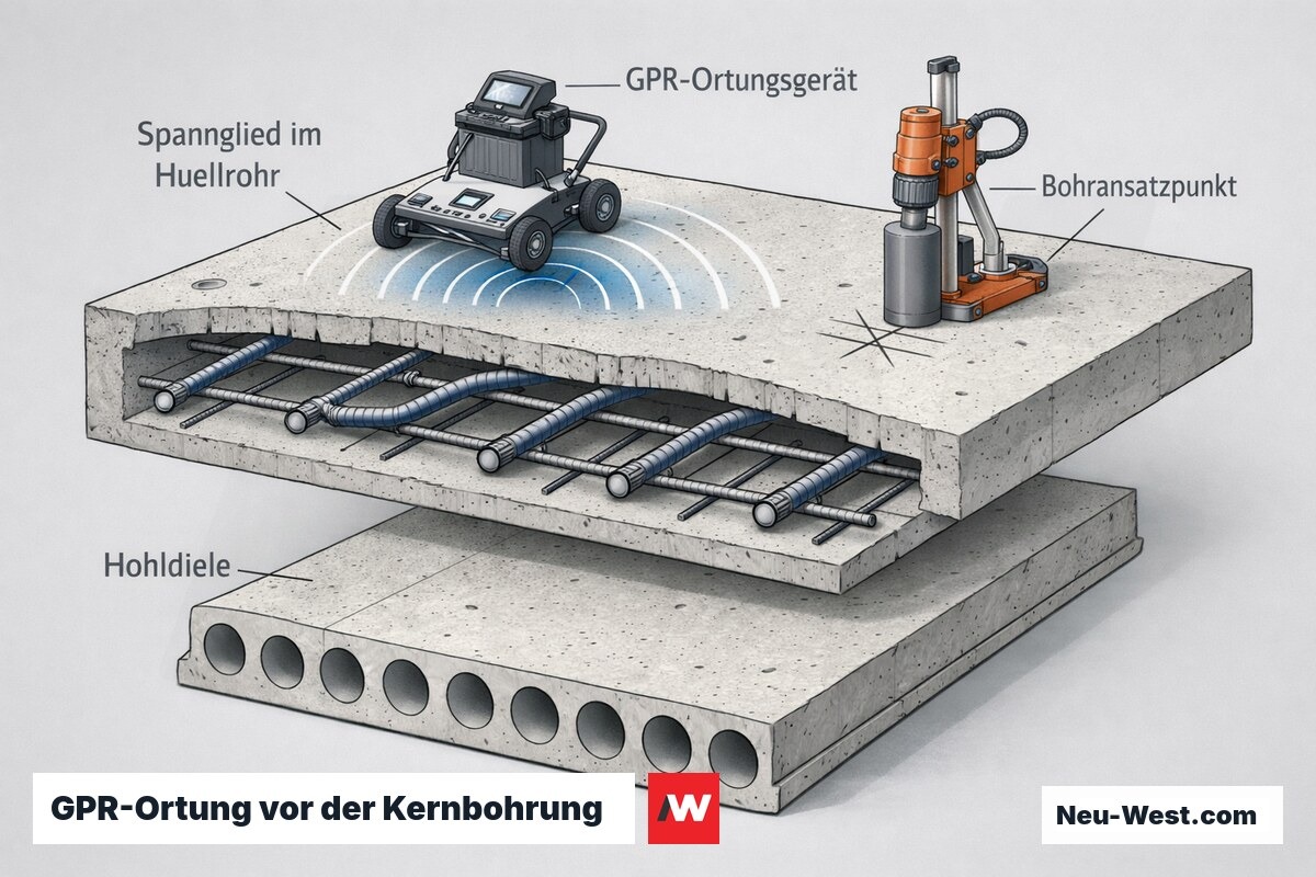 Cutaway-Querschnitt einer Spannbetondecke mit Spanngliedern, GPR-Scanner, sicherem Bohransatzpunkt und Hohldiele als Bauteil-Detail.