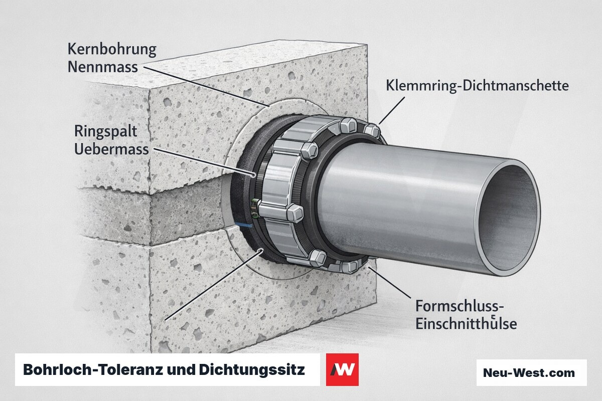 Querschnitt einer Decken-Kernbohrung mit Ringspalt, Klemmring-Dichtmanschette und formschlüssiger Einschnitthülse zur Darstellung von Toleranzeinfluss auf die Abdichtung