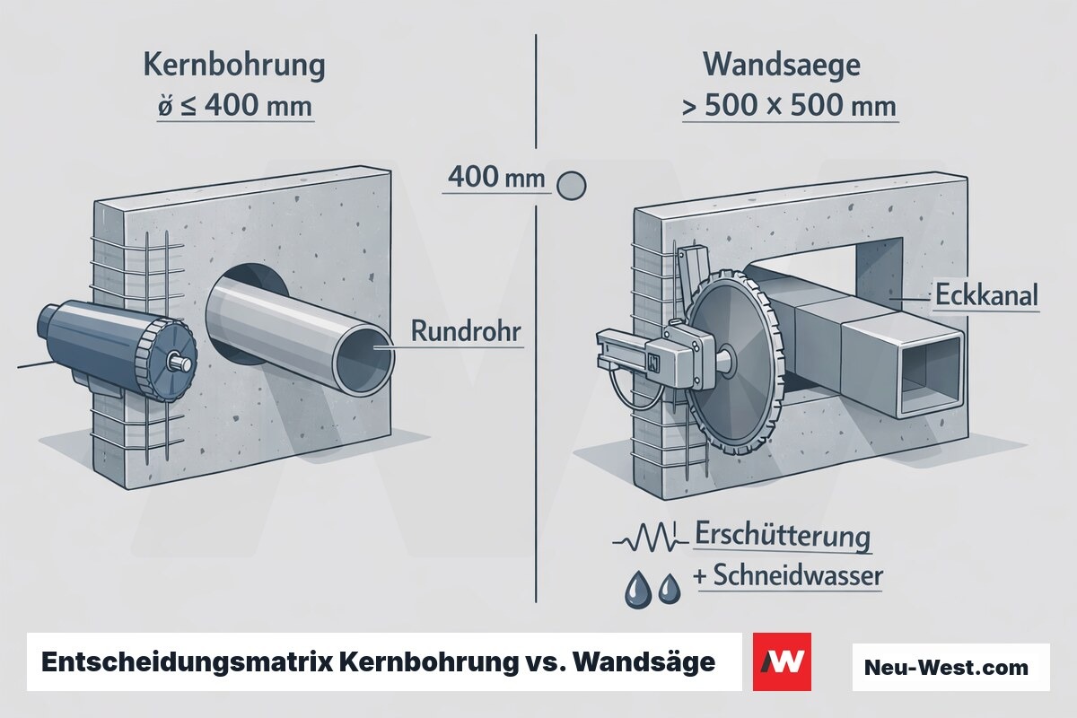 Erklär-Grafik: Kernbohrung mit rundem Durchbruch neben Wandsäge mit rechteckigem Durchbruch, Größenschwellen und Erschütterungssymbole zur Methodenwahl.