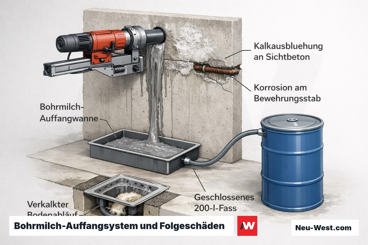 Querschnitt einer Nassbohrung mit Auffangwanne, 200-l-Fass sowie Kalkausblühung, Bewehrungskorrosion und verstopftem Bodenablauf.
