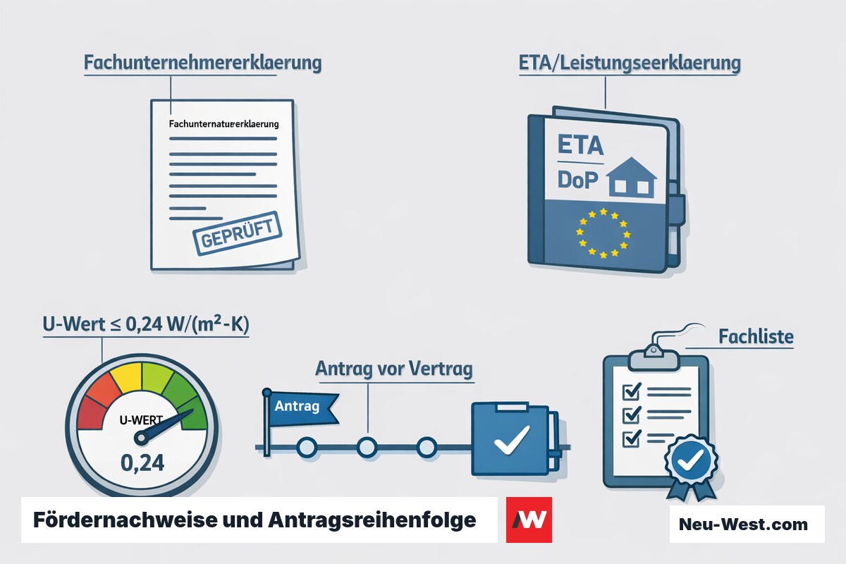 Erklär-Illustration: Fördernachweise BEG/BAFA mit U-Wert-Anzeige, Fachunternehmererklärung, ETA sowie Zeitachse Antrag vor Auftragsvertrag.