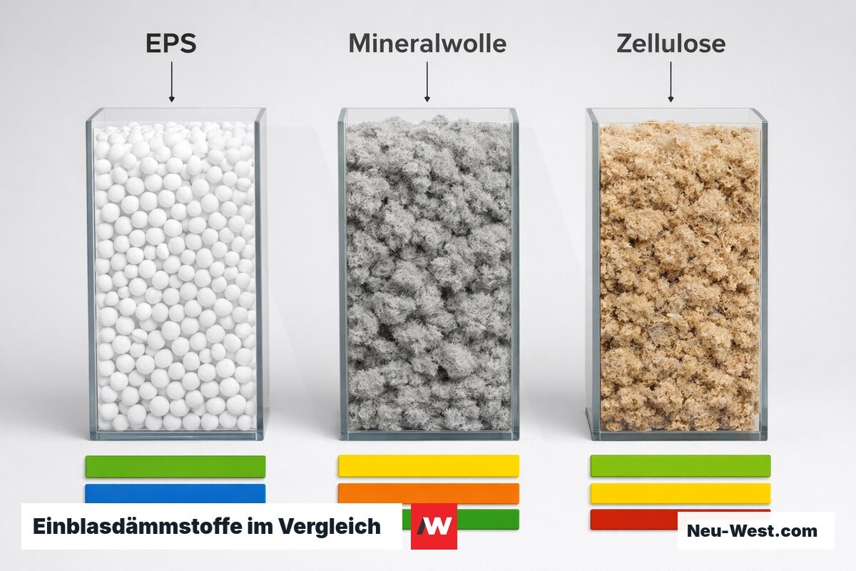 Einblasdämmstoffe im Vergleich: EPS, Mineralwolle, Zellulose – Erklär-Grafik (NEUWEST Berlin)