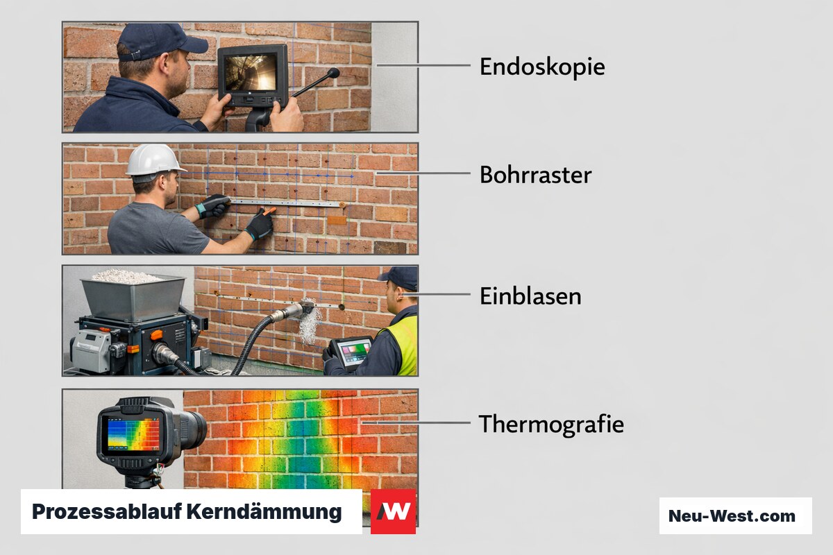 Prozessablauf Kerndämmung: Von der Voruntersuchung bis zum Thermografie-Nachweis – Erklär-Grafik (NEUWEST Berlin)