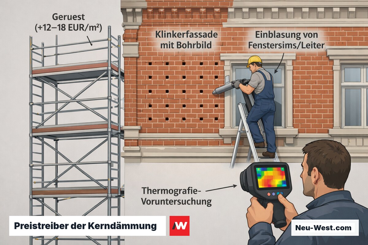 Erklär-Illustration einer Berliner Gründerzeitfassade mit Gerüst, Einblasung von Leiter und Fenstersims, Bohrbild im Klinker und Thermografie-Voruntersuchung als Kostentreiber.