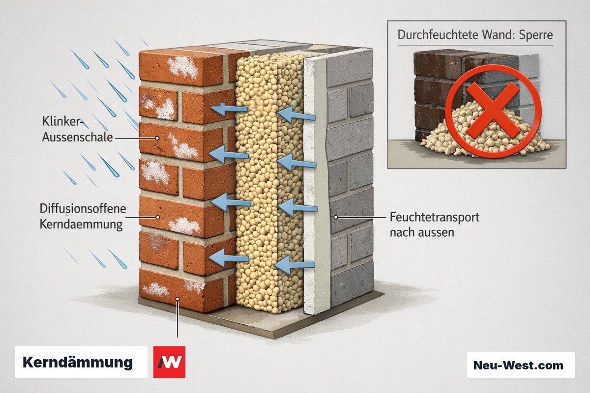 Wandquerschnitt: Schlagregen auf Klinkerschale, diffusionsoffene Kerndämmung mit Feuchtetransport nach außen, Ausblühungen sowie durchfeuchtete Wand als Ausschlusskriterium.