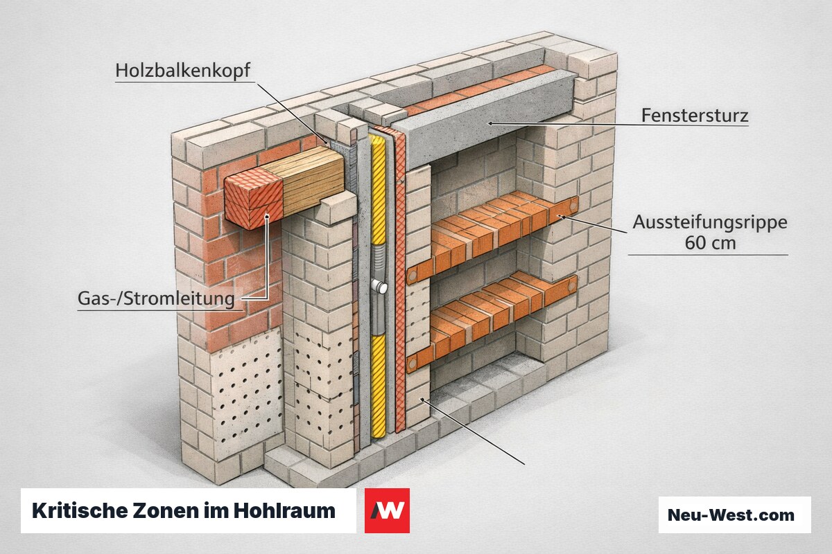 Wandquerschnitt mit kritischen Zonen: Holzbalkenkopf, eingemauerte Gas-/Stromleitung, Fenstersturz und Aussteifungsrippen alle 60 cm, die eine Befüllung verhindern.