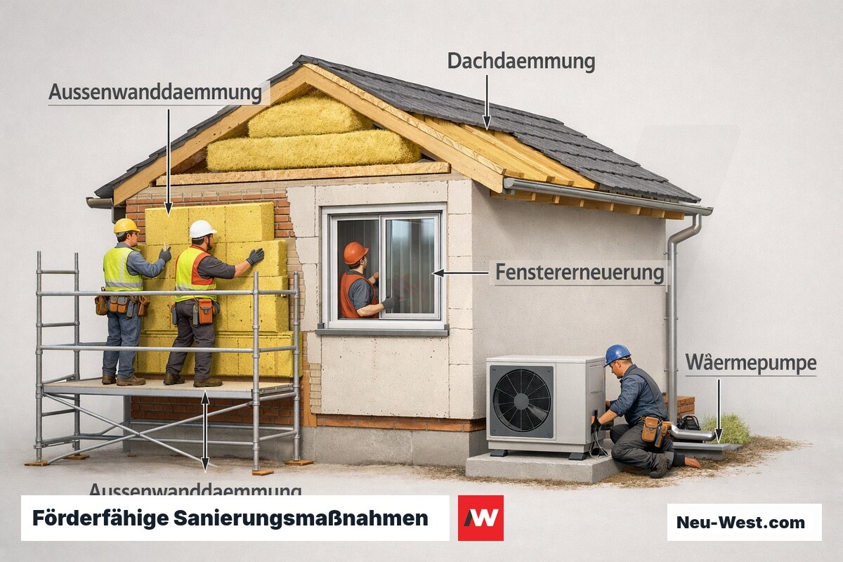 Querschnitt eines Wohnhauses mit eingezeichneten energetischen Sanierungsmaßnahmen: Dämmung, Fenster, Dach und Wärmepumpe
