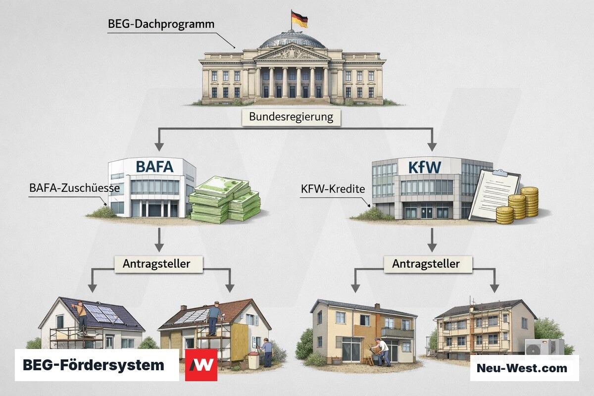 Schematische Darstellung des BEG-Fördersystems mit BAFA-Zuschüssen und KfW-Krediten als zwei Säulen unter dem Bundesförderprogramm