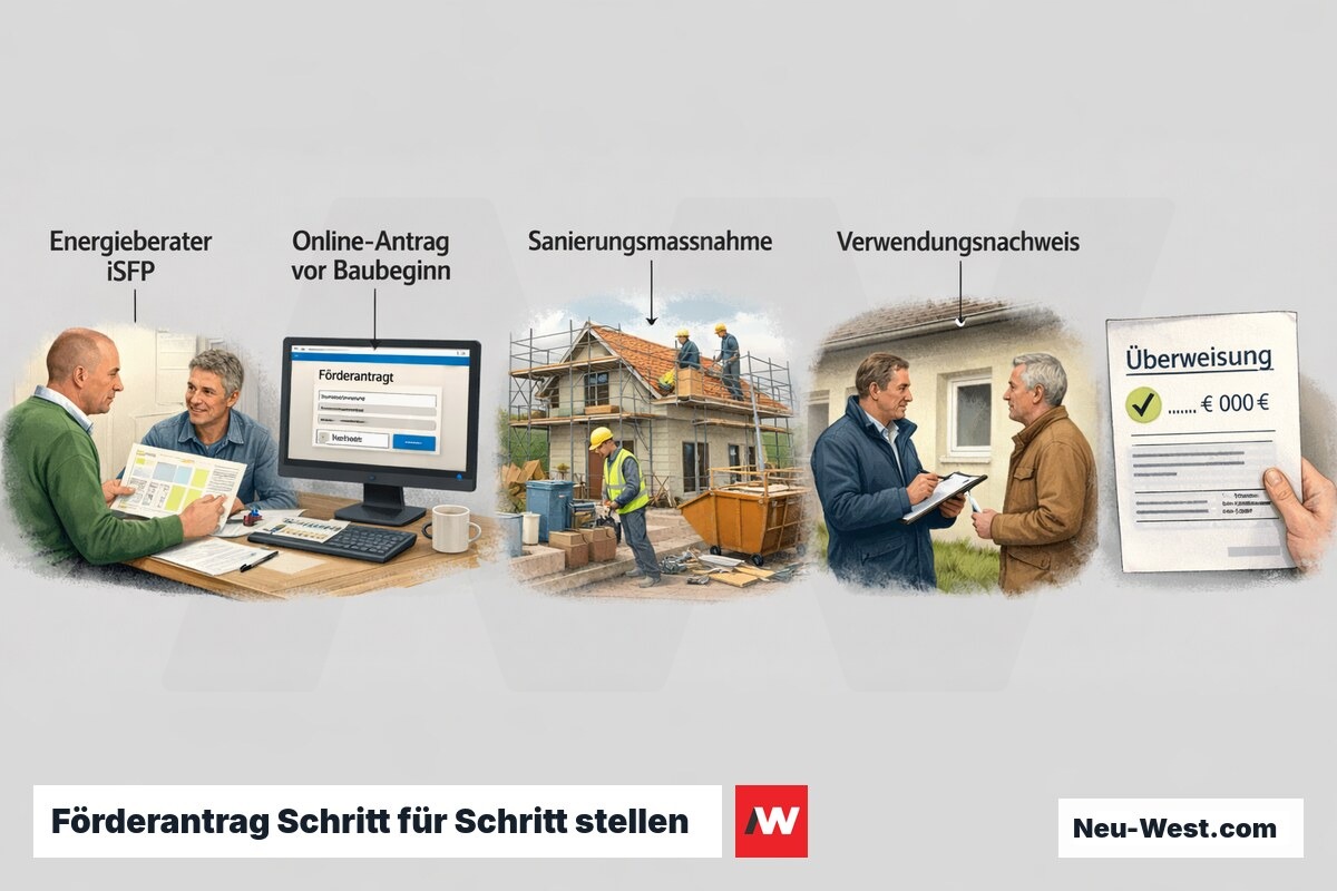 Vier-Schritte-Ablauf der Förderantragstellung: Energieberatung, Online-Antrag, Sanierung und abschließender Verwendungsnachweis