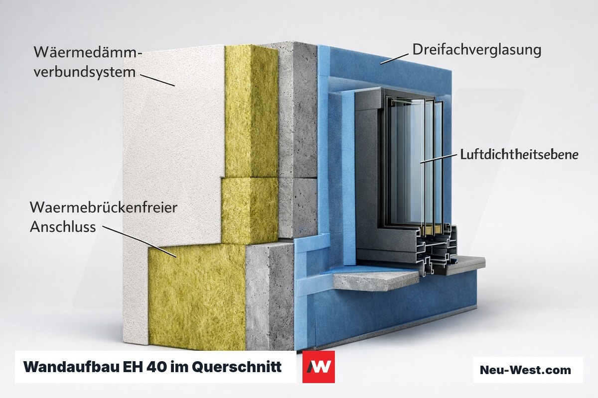Querschnitt einer EH-40-Außenwand mit Dreifachverglasung, WDVS-Dämmung, Luftdichtheitsebene und wärmebrückenfreiem Fensteranschluss.
