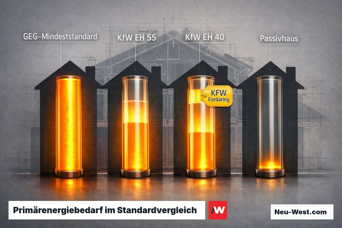 Vergleich des Primärenergiebedarfs von GEG-Mindeststandard, EH 55, EH 40 und Passivhaus als visuelle Balkengrafik.