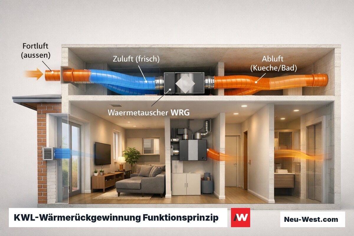 Funktionsschema einer kontrollierten Wohnraumlüftung mit Wärmerückgewinnung: Luftführung von Außenluft über Wärmetauscher zu Wohnräumen.