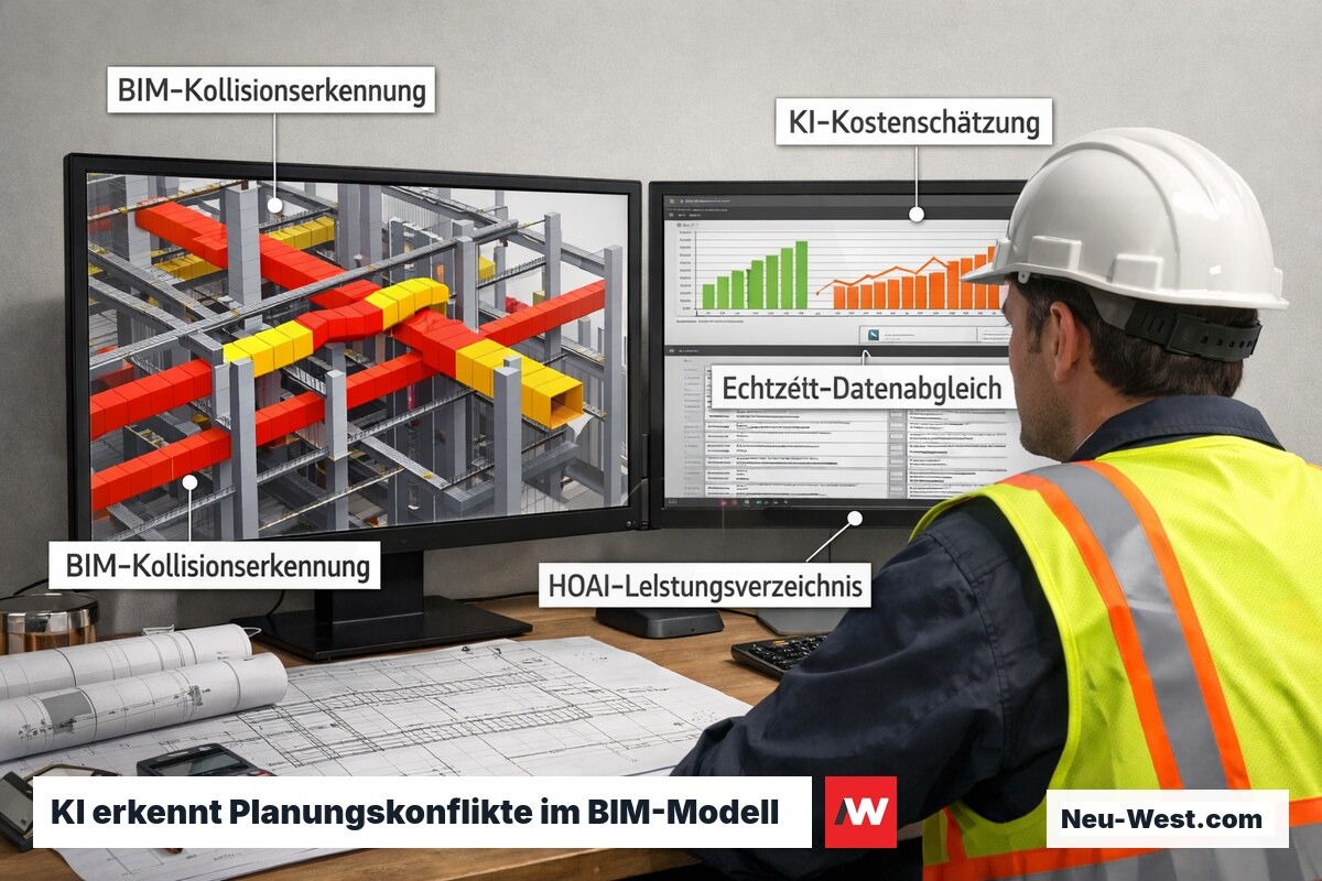 Bauingenieur analysiert BIM-Modell mit KI-Kollisionserkennung auf großem Monitor in moderner Baustellenplanung
