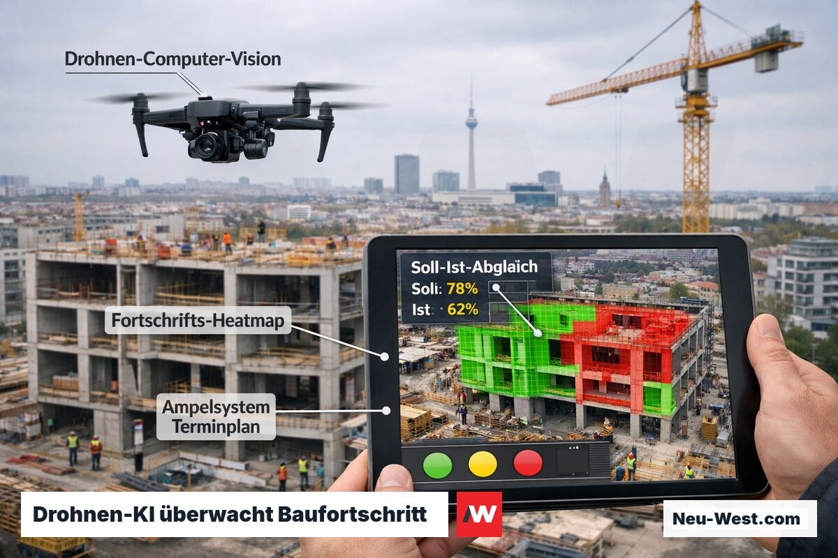 Drohne mit KI-System erstellt Fortschritts-Heatmap einer Berliner Baustelle auf Tablet-Dashboard