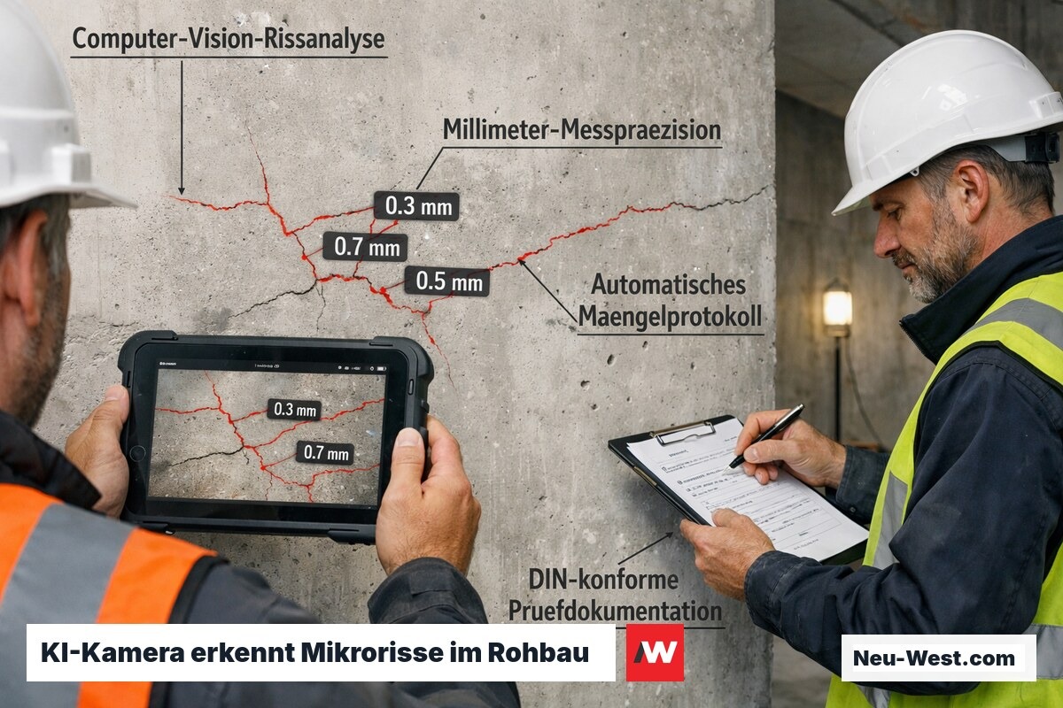 Qualitätsprüfer scannt Betonwand mit KI-App, die Mikrorisse millimetergenau markiert und dokumentiert