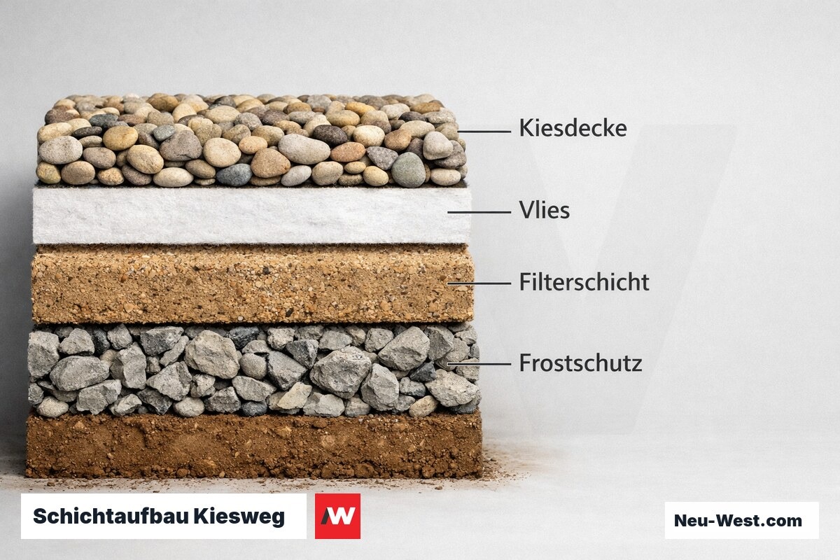 Schichtaufbau Kiesweg: Mindestdicken je Nutzungsklasse – Erklär-Grafik (NEUWEST Berlin)