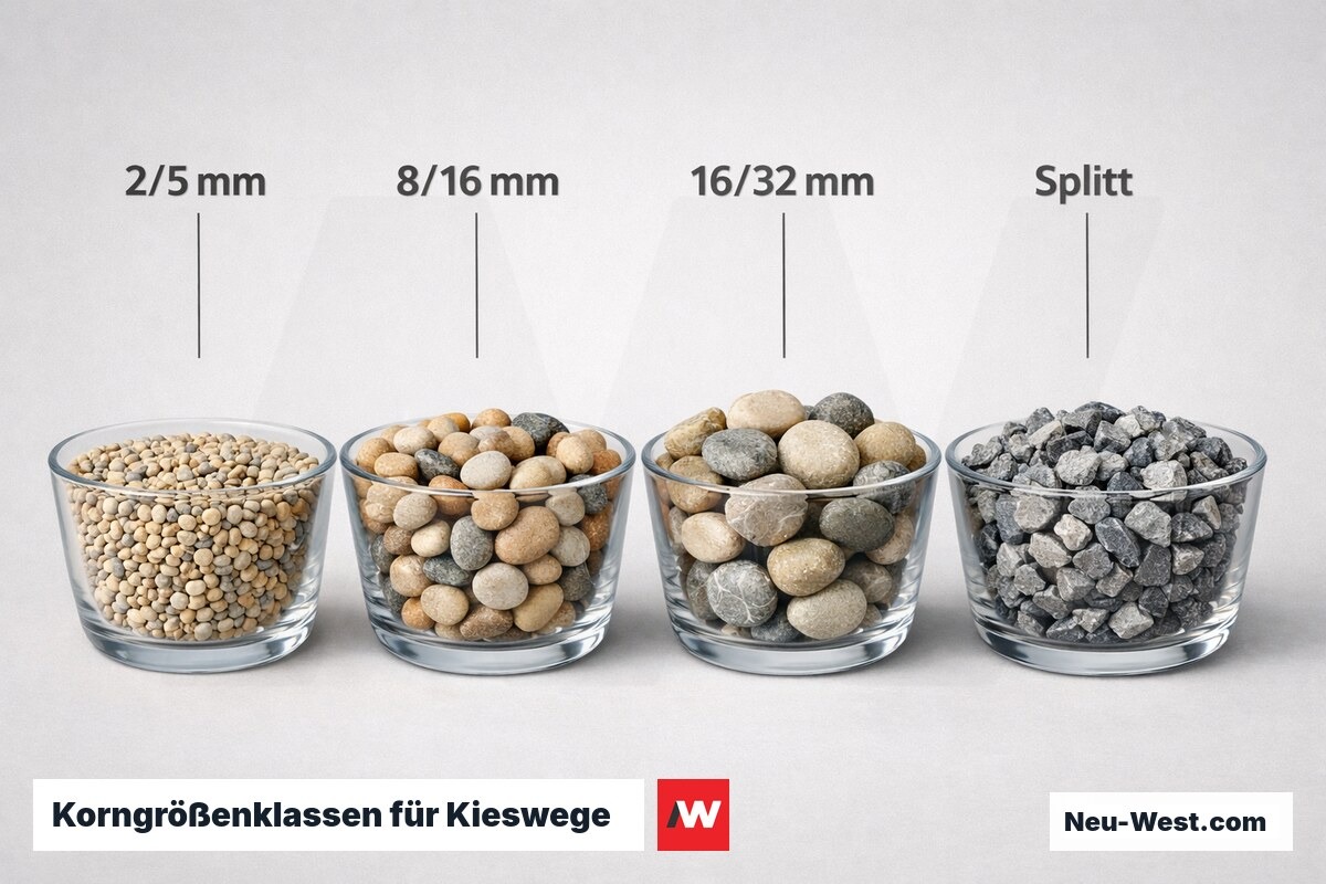 Korngrößenklassen für Kieswege: Eignung nach Einbauposition – Erklär-Grafik (NEUWEST Berlin)