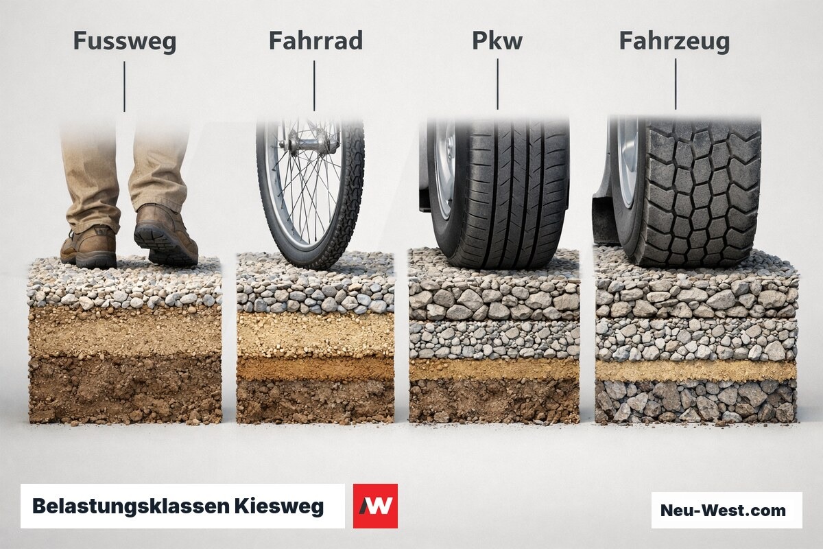 Belastungsklassen Kiesweg: Schichtdicken und Planumsanforderungen im Vergleich – Erklär-Grafik (NEUWEST Berlin)