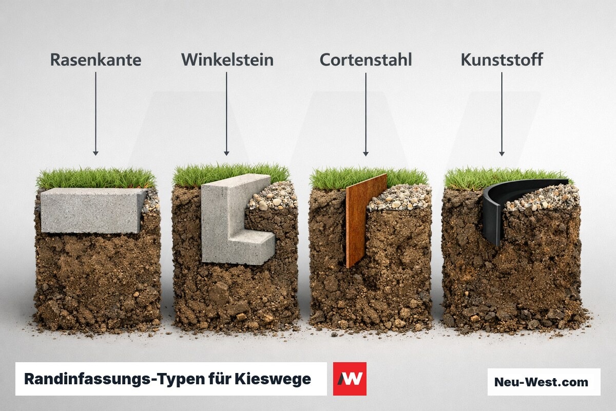 Randinfassungs-Typen für Kieswege: Einbauprinzip und Belastbarkeit – Erklär-Grafik (NEUWEST Berlin)